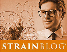 man drawing gears, with StrainBlog logo