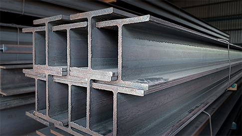 Metal forming steel beams at the metal products warehouse, H-beam steel and Wi-Frank steel