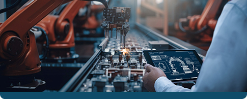 engineer checking robotic circuits on an industrial assembly line