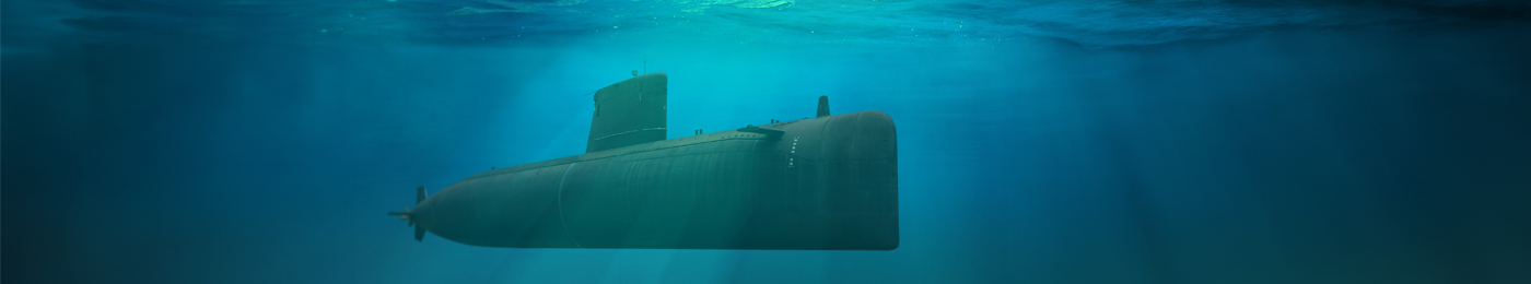 Naval submarine submerge deep underwater near to ocean floor