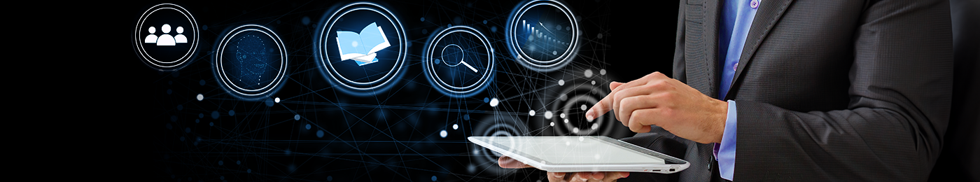 Knowledge base access banner - man with laptop